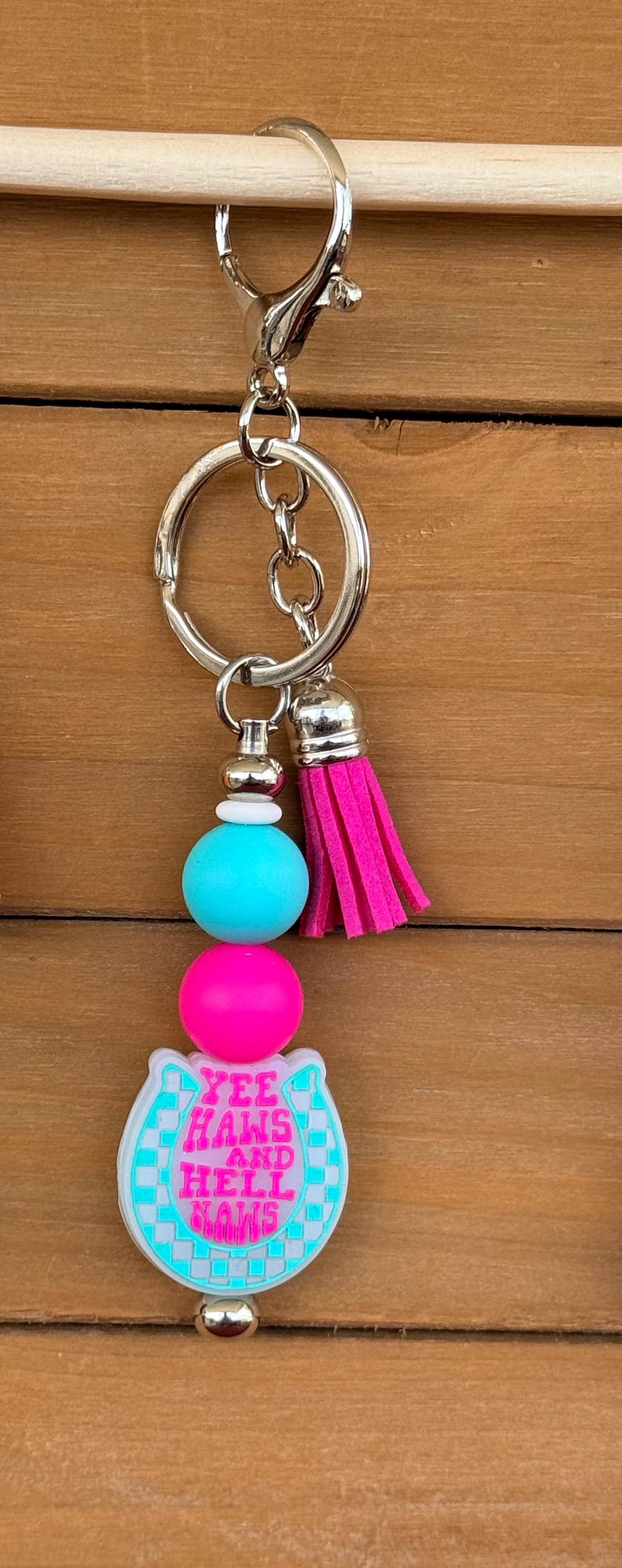 Western Sassy Sayings Silicone Beaded Keychain with Leather Tassel | Howdy, Yell Naw, Skeleton & More