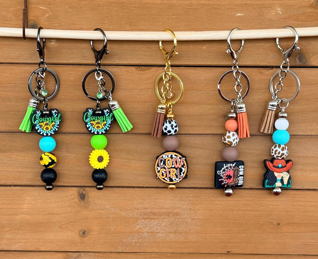 Western Cowgirl Silicone Beaded Keychain with Leather Tassel | Sunflowers, Sun-Kissed & Hat Designs