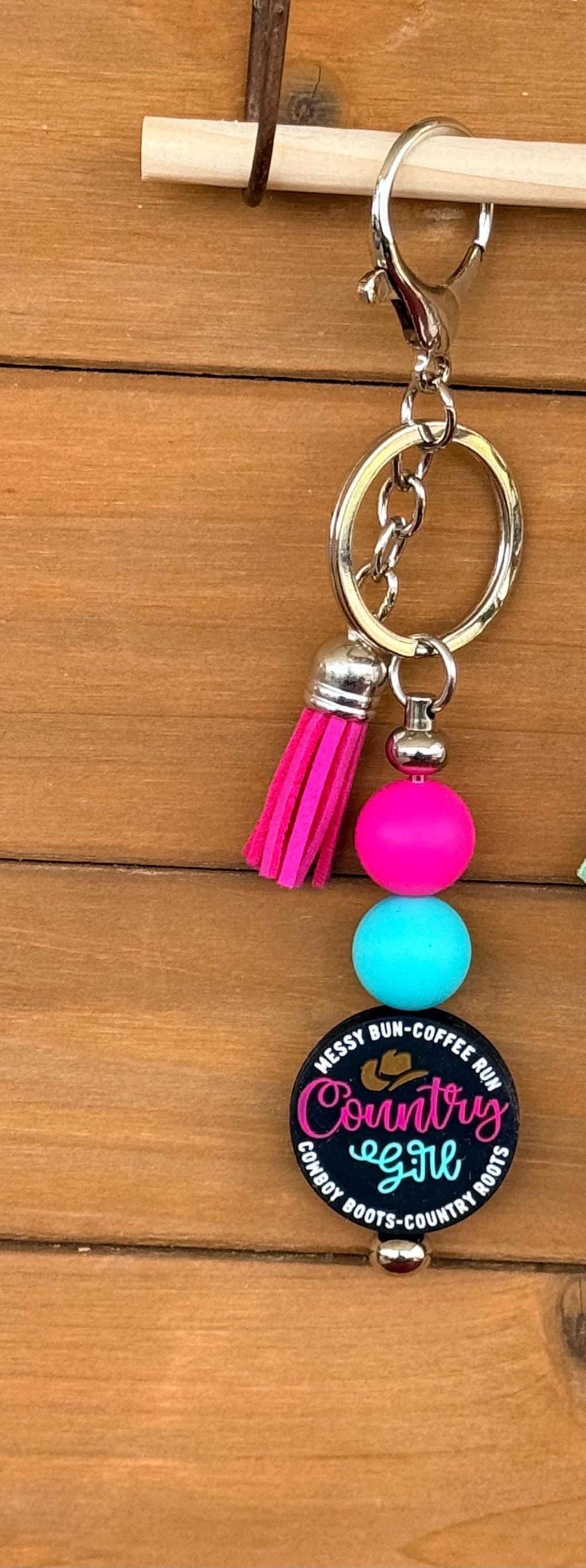 Western Country Girl Silicone Beaded Keychain with Leather Tassel