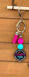 Western Country Girl Silicone Beaded Keychain with Leather Tassel