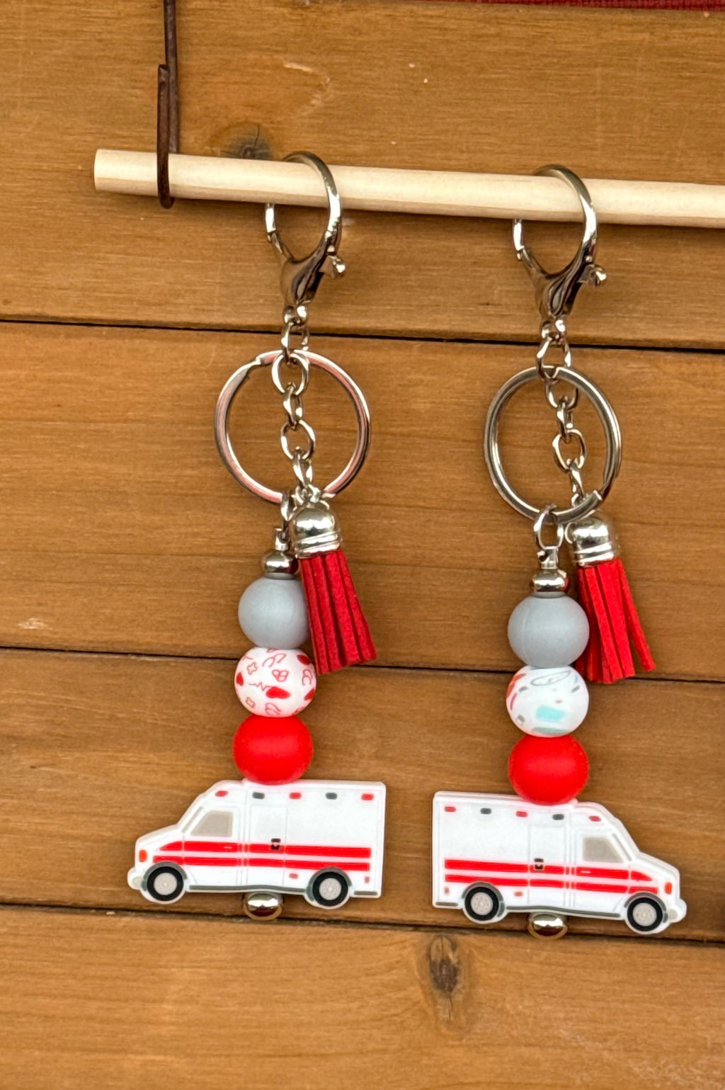 EMS Ambulance Silicone Beaded Keychain with Leather Tassel | Gift for Paramedics & Emergency Responders