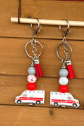 EMS Ambulance Silicone Beaded Keychain with Leather Tassel | Gift for Paramedics & Emergency Responders