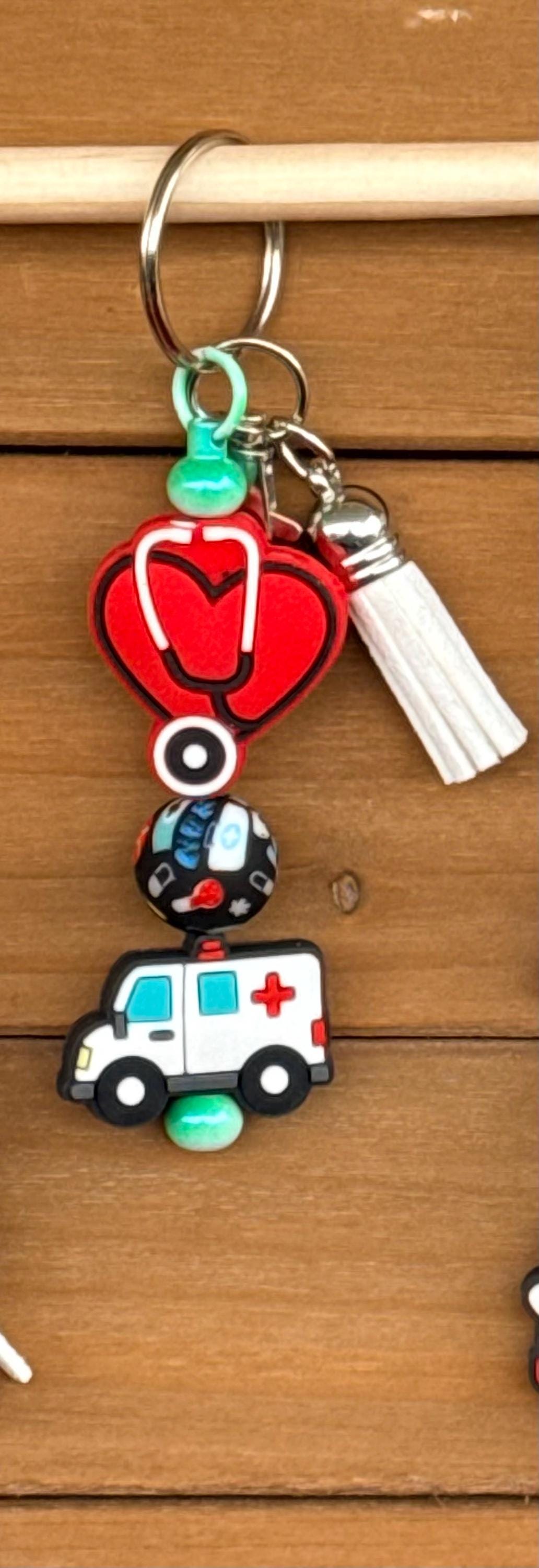 EMS Ambulance Silicone Beaded Keychain with Leather Tassel | Gift for Paramedics & Emergency Responders