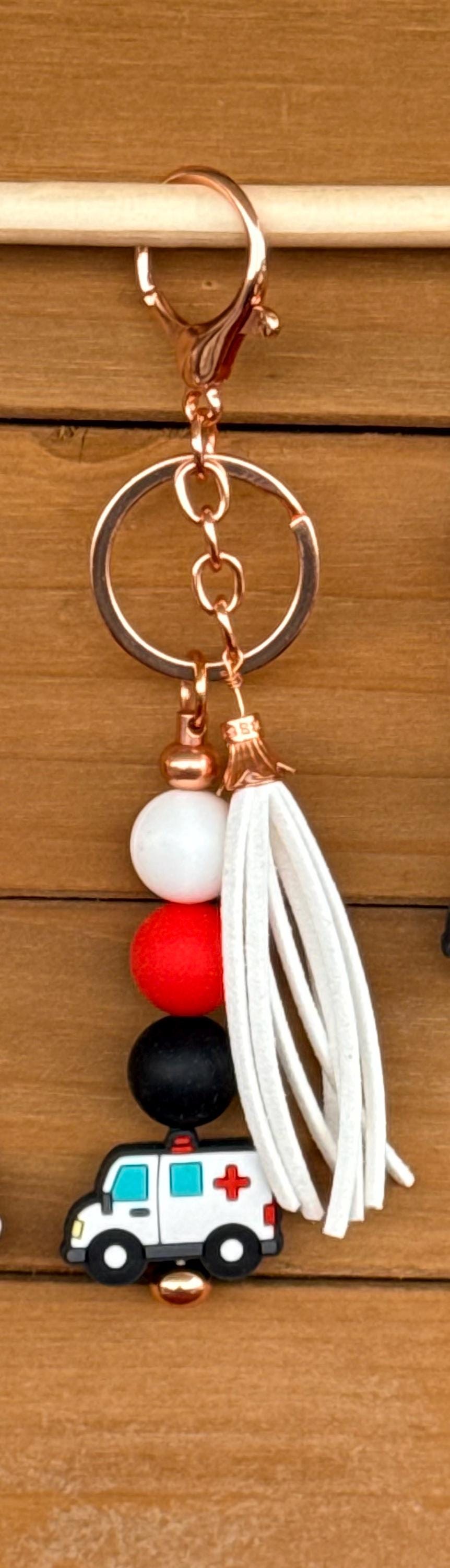 EMS Ambulance Silicone Beaded Keychain with Leather Tassel | Gift for Paramedics & Emergency Responders