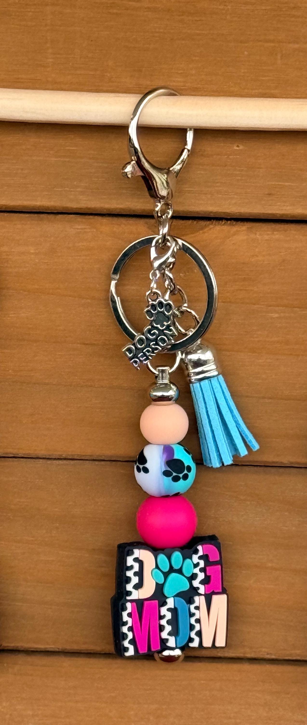 Dog Mom Silicone Beaded Keychain & Wristlet with Leather Tassel