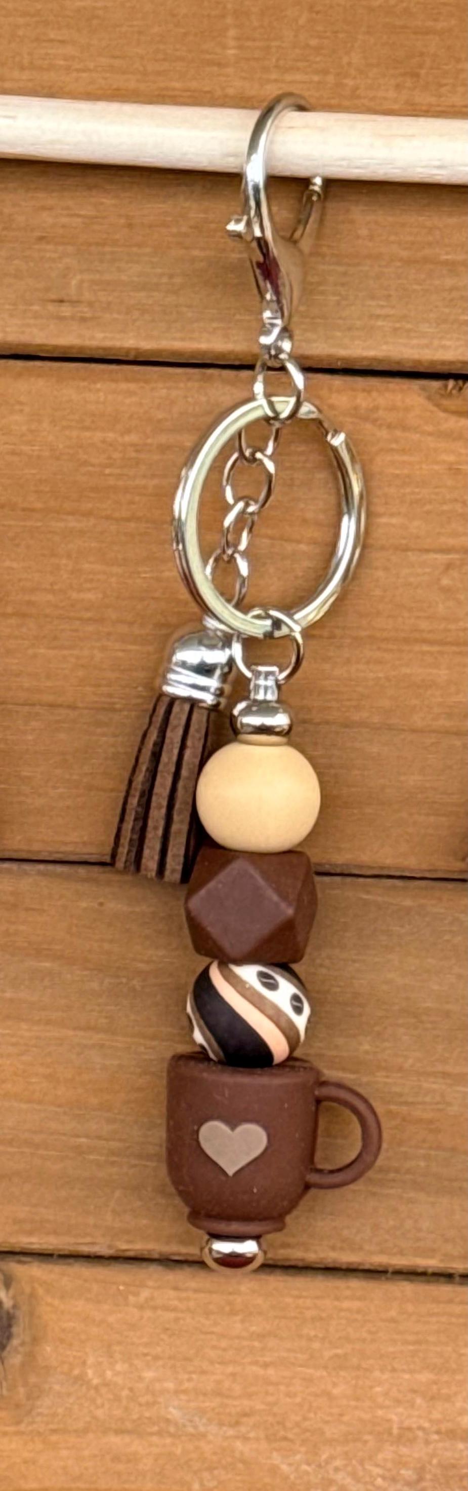 Coffee Lover Silicone Beaded Keychain with Leather Tassel
