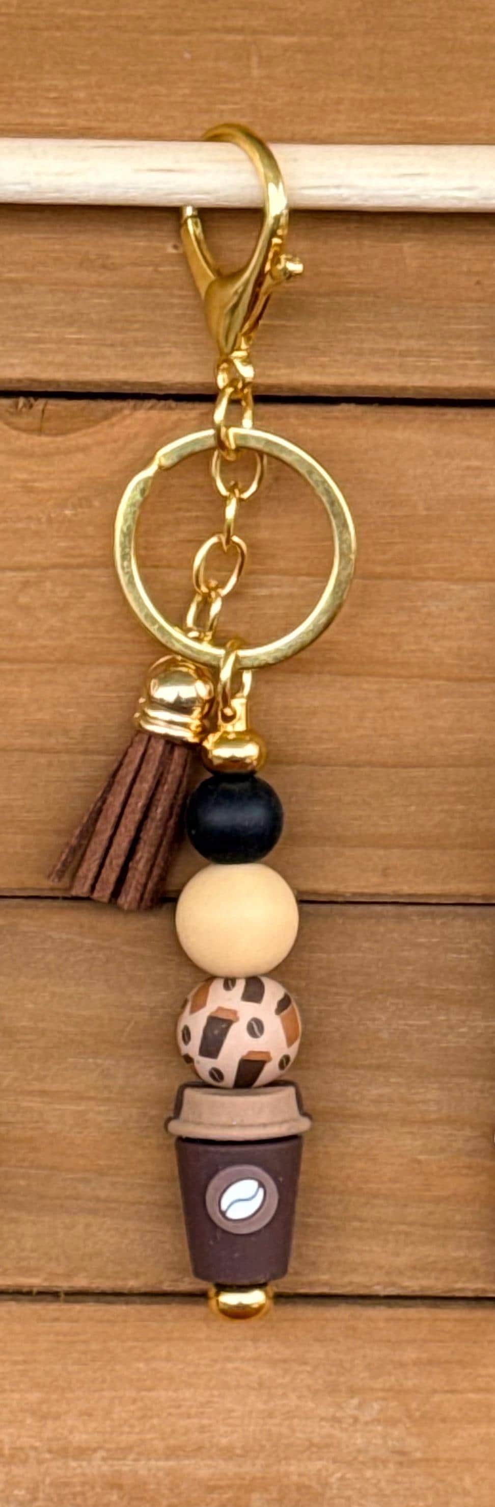 Coffee Lover Silicone Beaded Keychain with Leather Tassel
