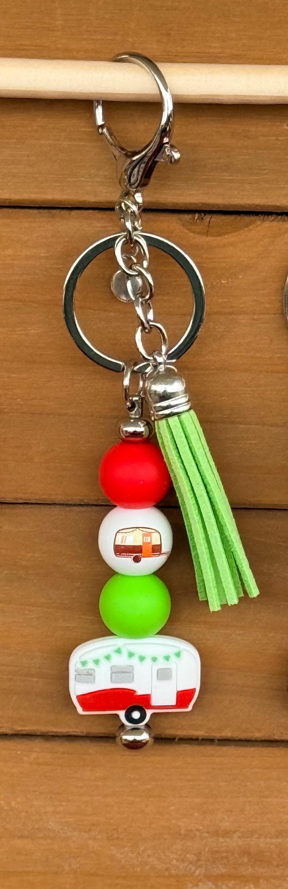 Happy Camper RV Silicone Beaded Keychain with Leather Tassel