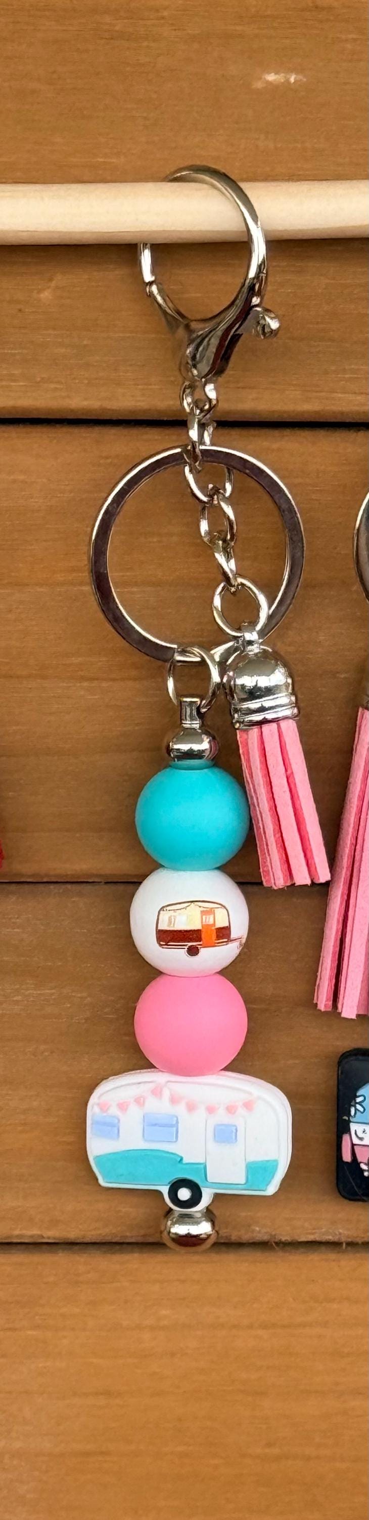 Happy Camper RV Silicone Beaded Keychain with Leather Tassel