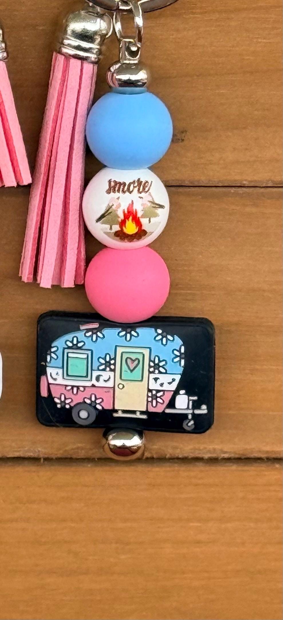 Happy Camper RV Silicone Beaded Keychain with Leather Tassel
