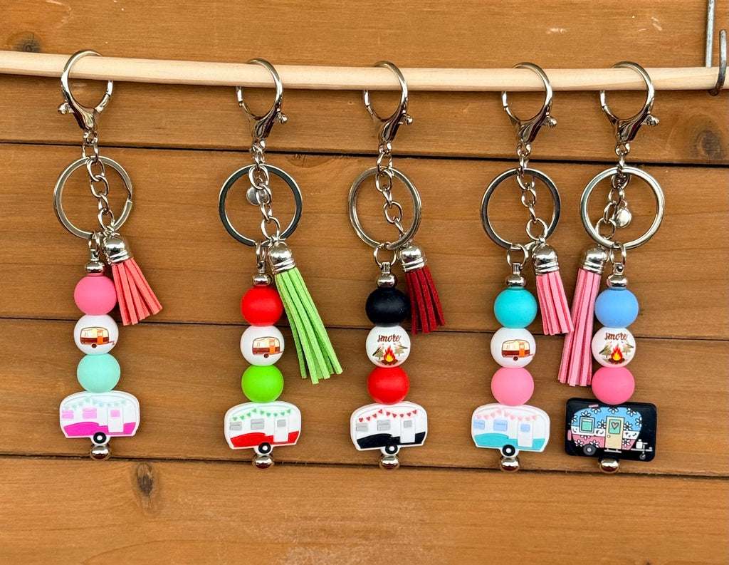 Happy Camper RV Silicone Beaded Keychain with Leather Tassel