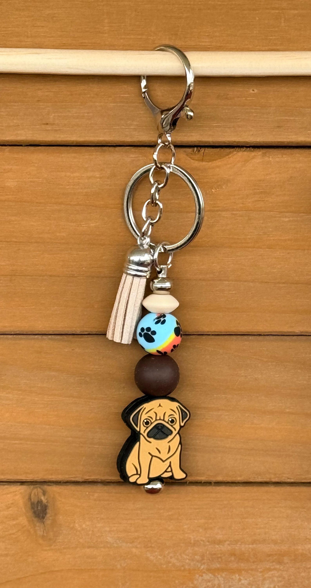 Pug Dog Silicone Beaded Keychain with Leather Tassel