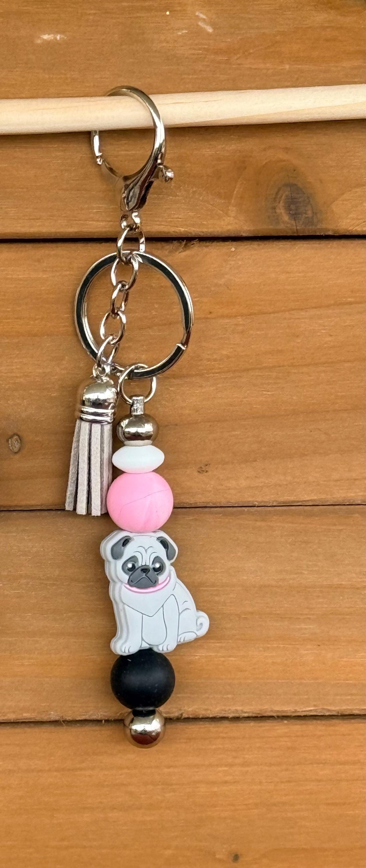 Pug Dog Silicone Beaded Keychain with Leather Tassel