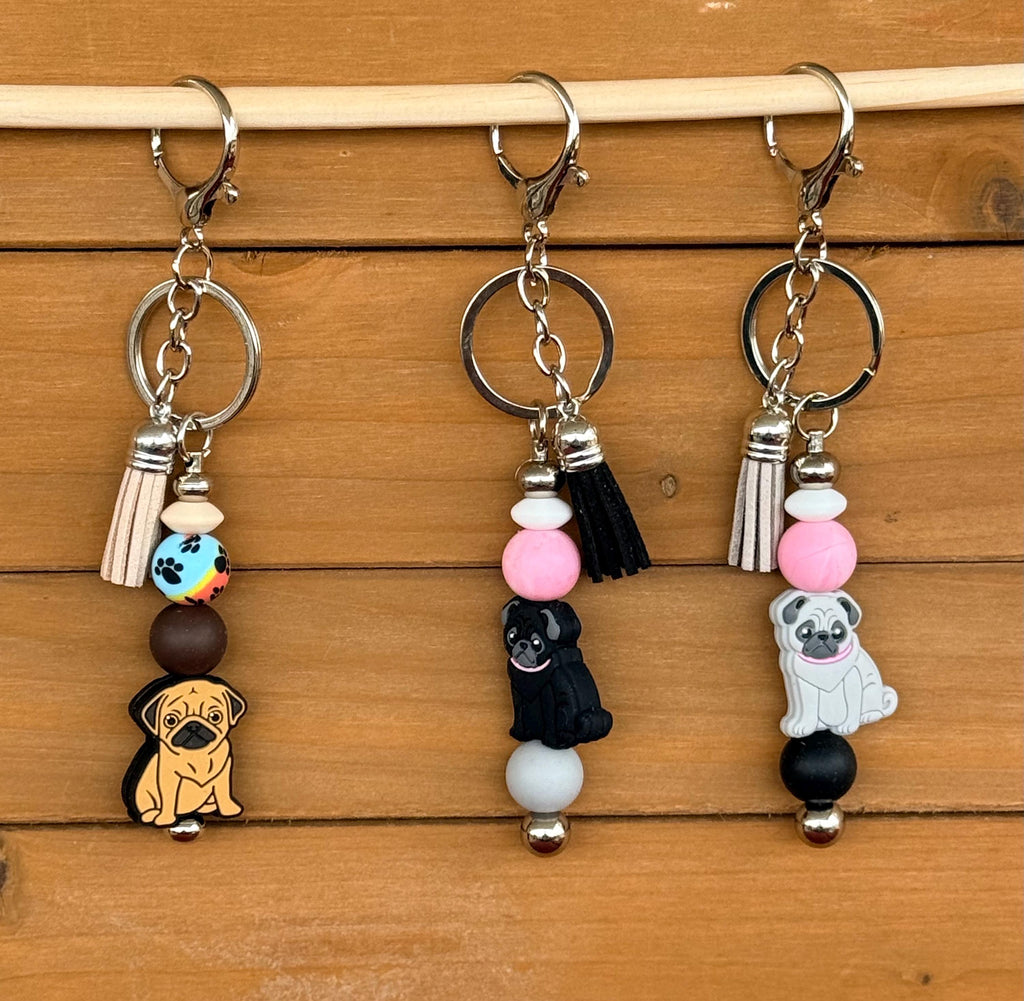 Pug Dog Silicone Beaded Keychain with Leather Tassel