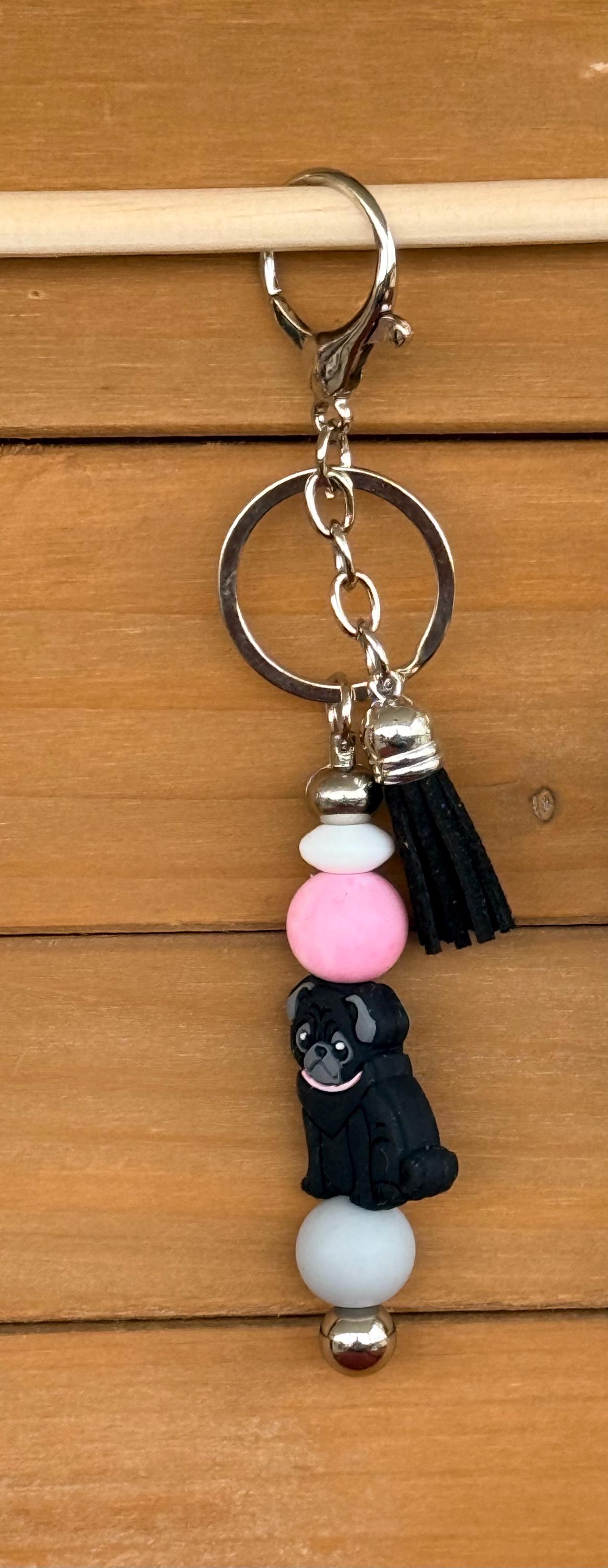 Pug Dog Silicone Beaded Keychain with Leather Tassel