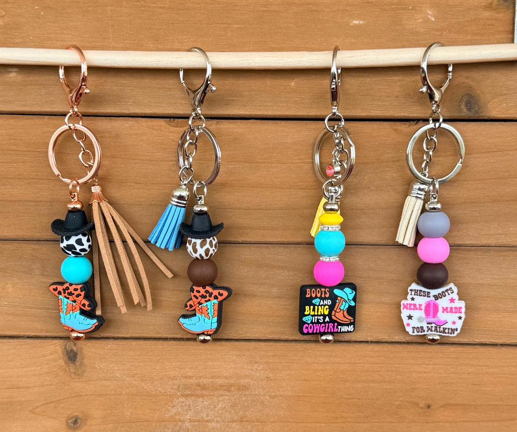 Western Boots Silicone Beaded Keychain with Leather Tassel