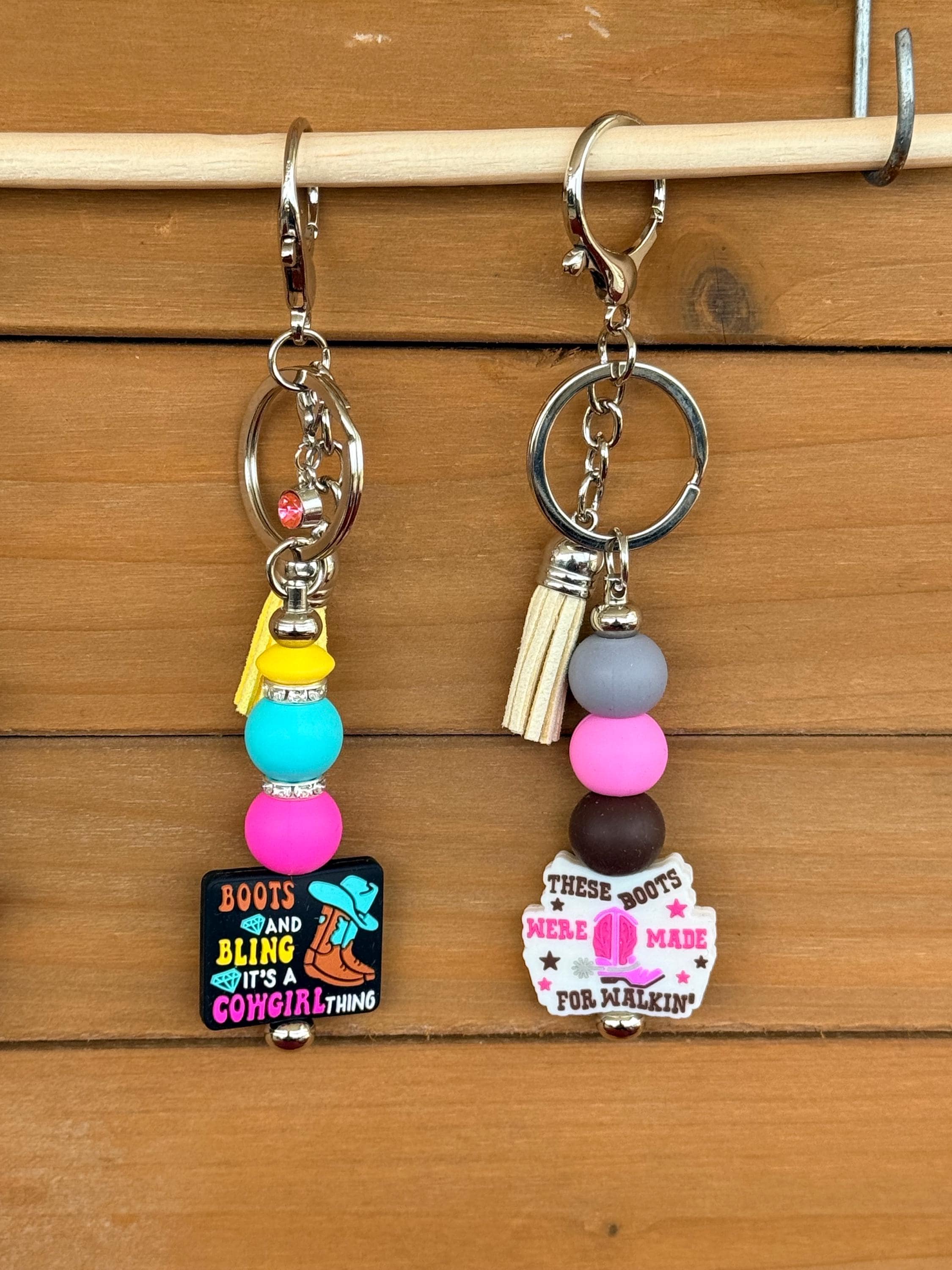 Western Boots Silicone Beaded Keychain with Leather Tassel