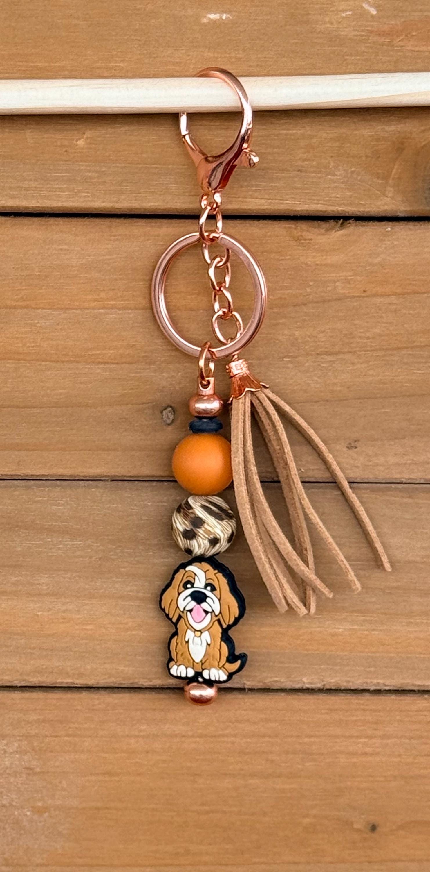 Goldendoodle Labradoodle Dog Silicone Beaded Keychain & Wristlet with Leather Tassel