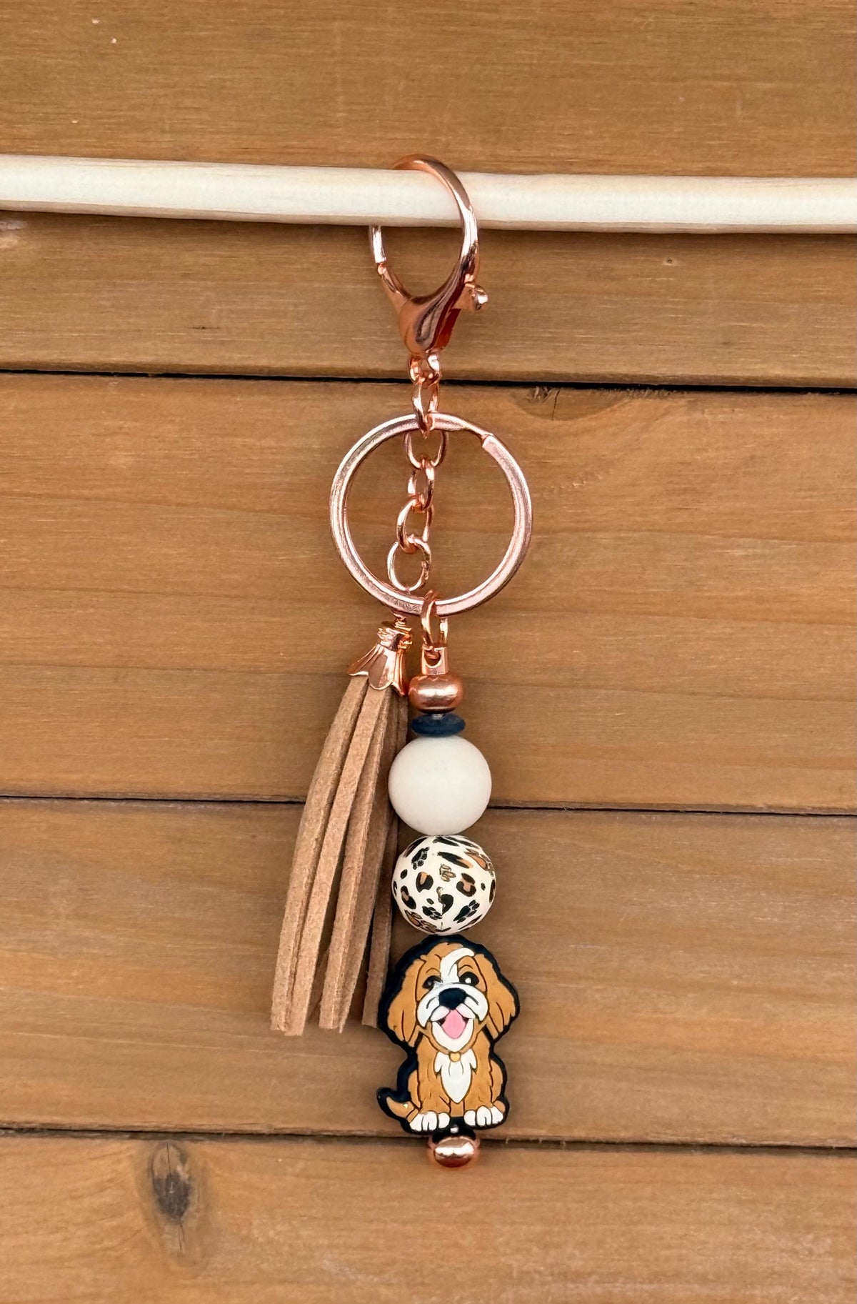 Goldendoodle Labradoodle Dog Silicone Beaded Keychain & Wristlet with Leather Tassel
