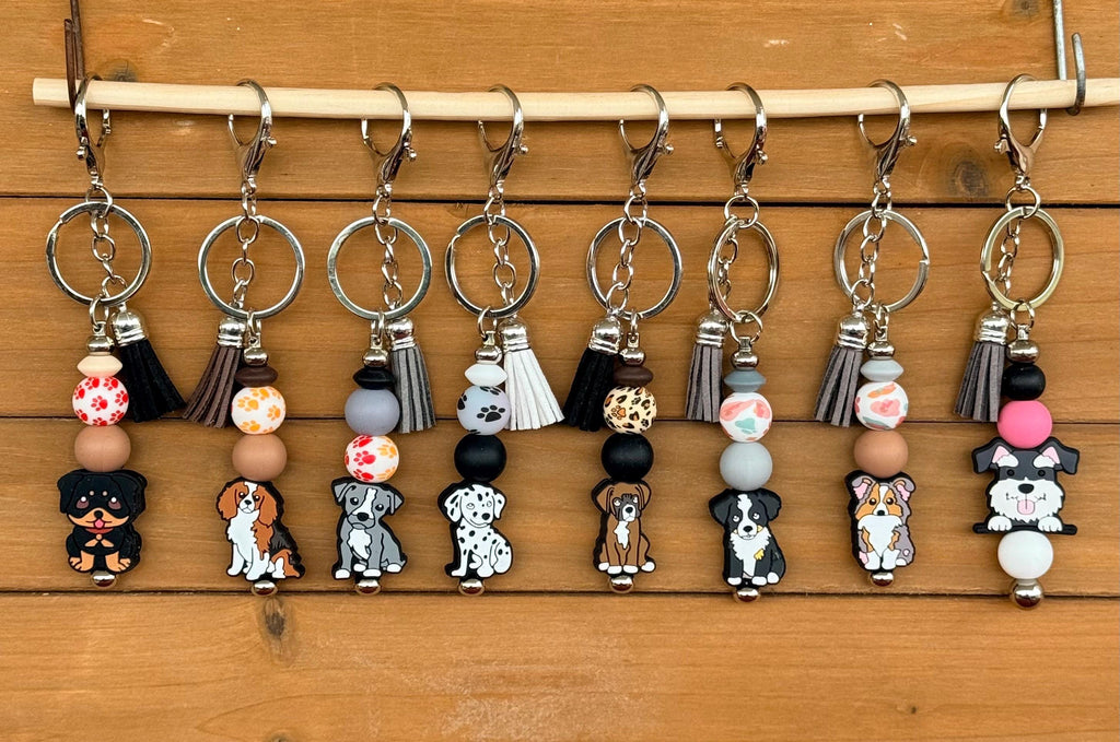 Dog Breed Silicone Beaded Keychain with Leather Tassel