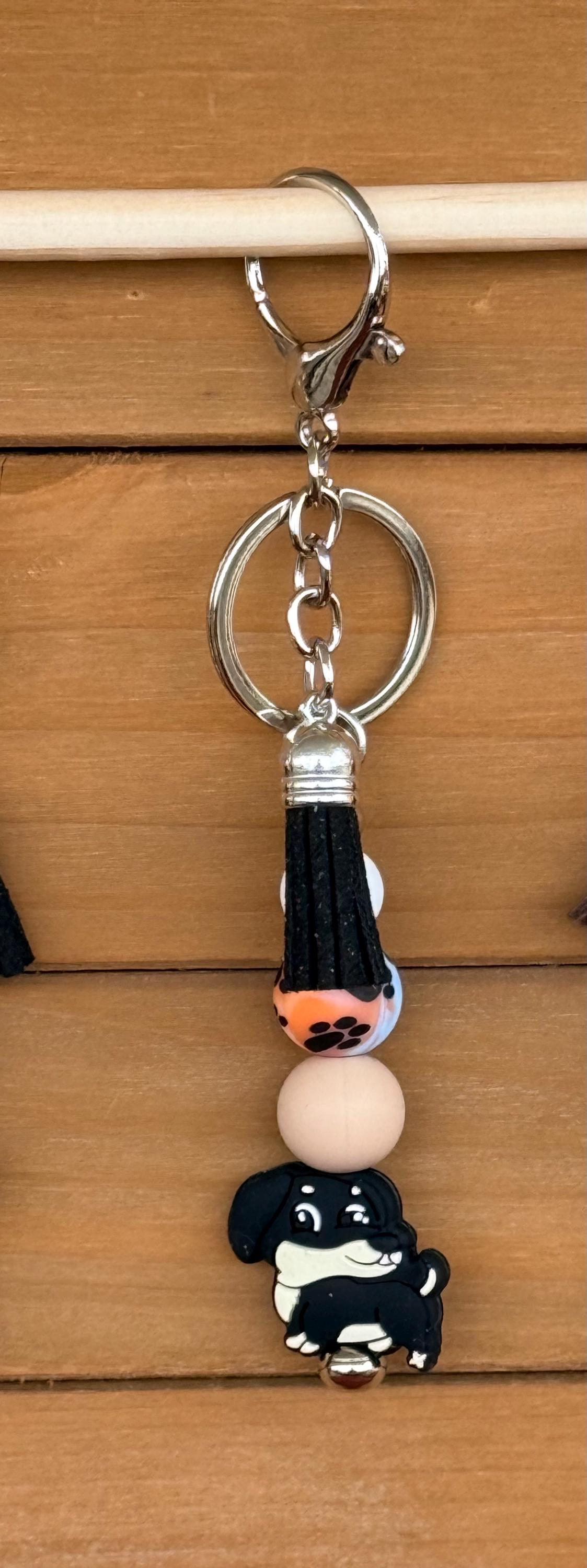 Dachshund Wiener Dog Silicone Beaded Keychain with Leather Tassel | Black, Brown & Tan