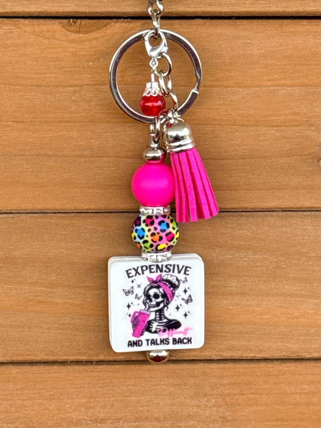 Expensive & Talks Back Bougie Silicone Beaded Keychain | Pink Cheetah Print with Leather Tassel