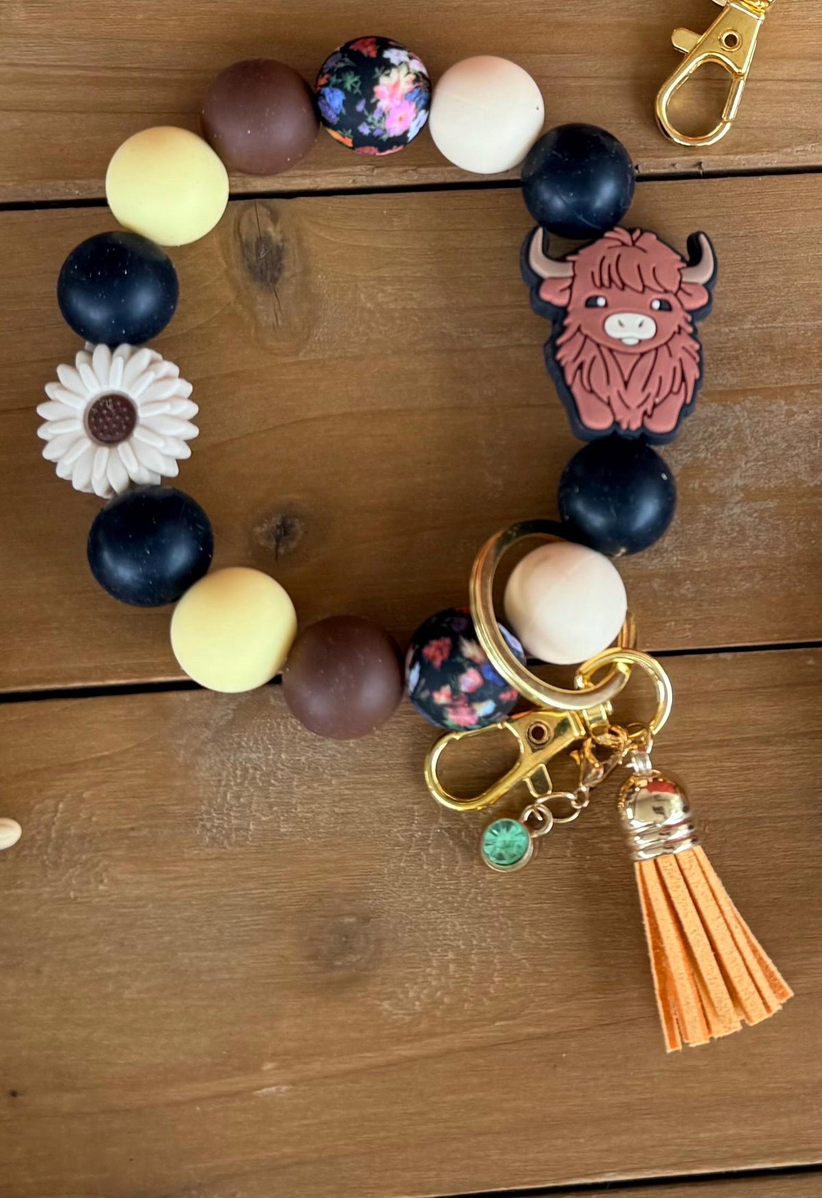 Highland Cow Silicone Beaded Wristlet Bracelet Keychain with Leather Tassel & Crystal Accent