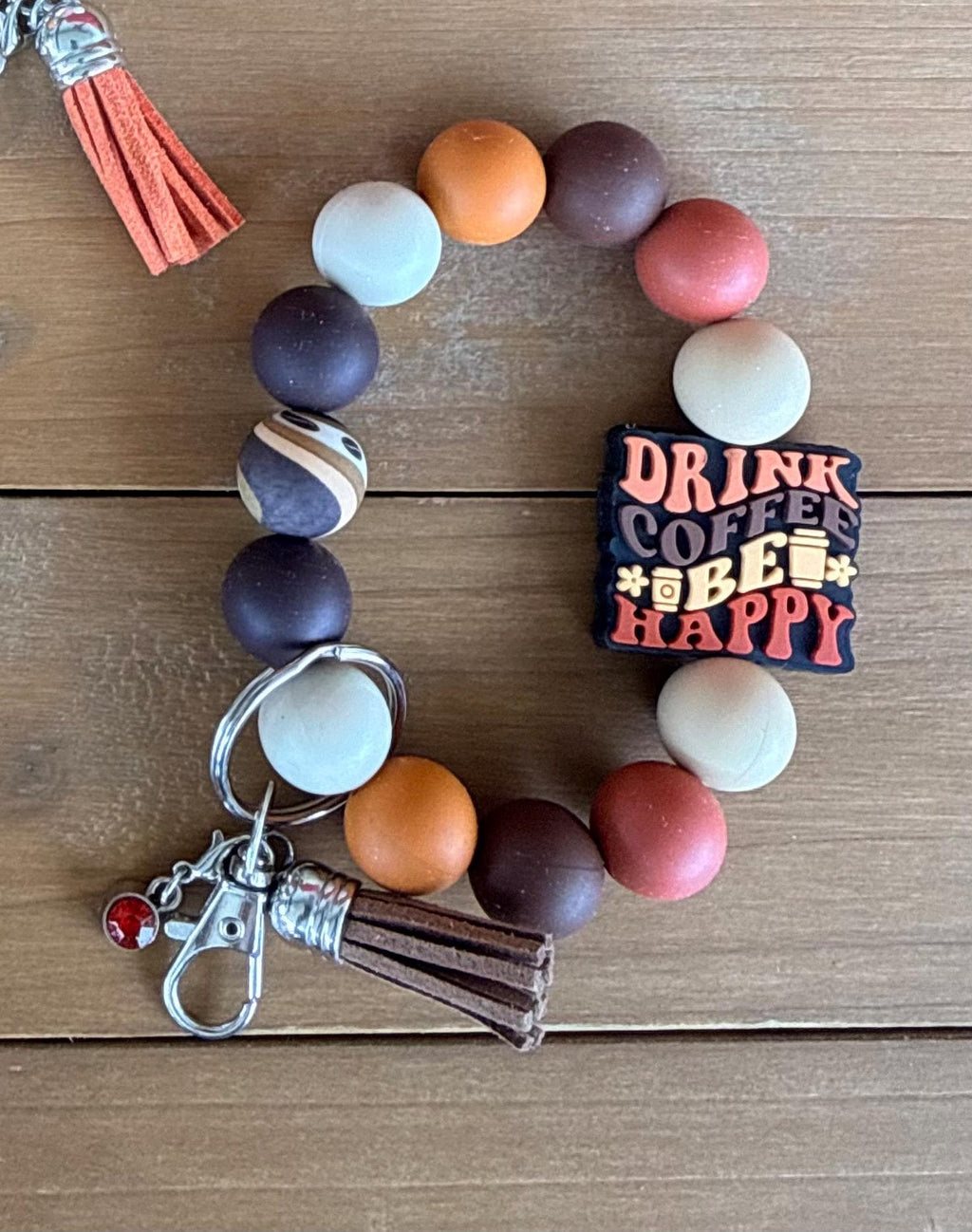 Coffee Lover Brown Coffee Cup Silicone Beaded Wristlet Bracelet Keychain | Leather Tassel & Crystal Jewel
