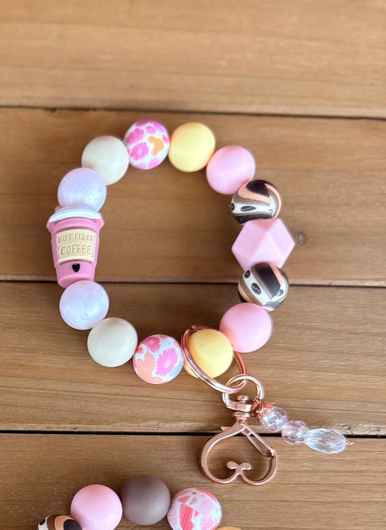 But First Coffee Pink Coffee Cup Silicone Beaded Wristlet Bracelet Keychain with Leather Tassel & Crystal Jewel
