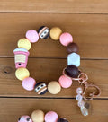 But First Coffee Pink Coffee Cup Silicone Beaded Wristlet Bracelet Keychain with Leather Tassel & Crystal Jewel