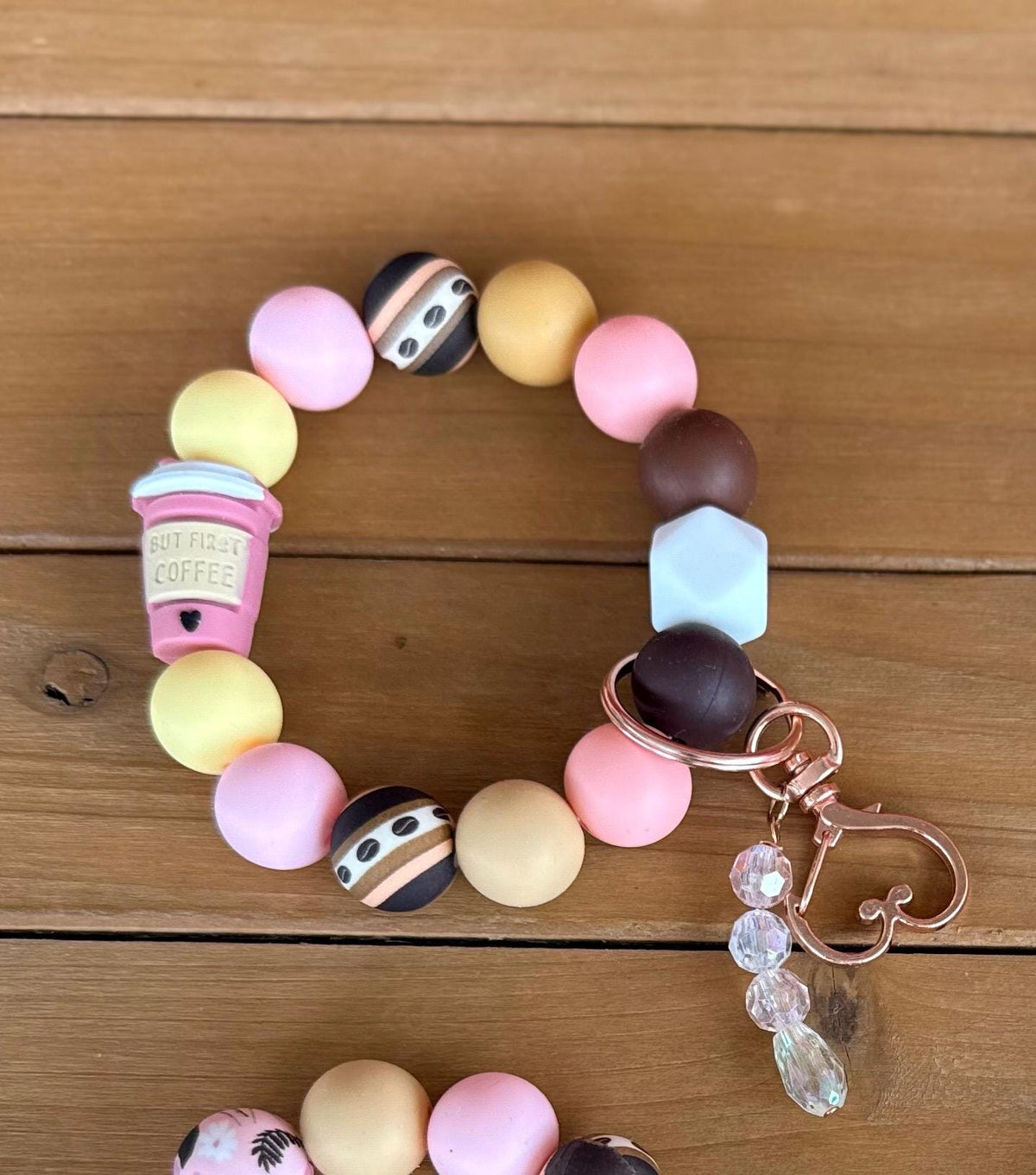 But First Coffee Pink Coffee Cup Silicone Beaded Wristlet Bracelet Keychain with Leather Tassel & Crystal Jewel