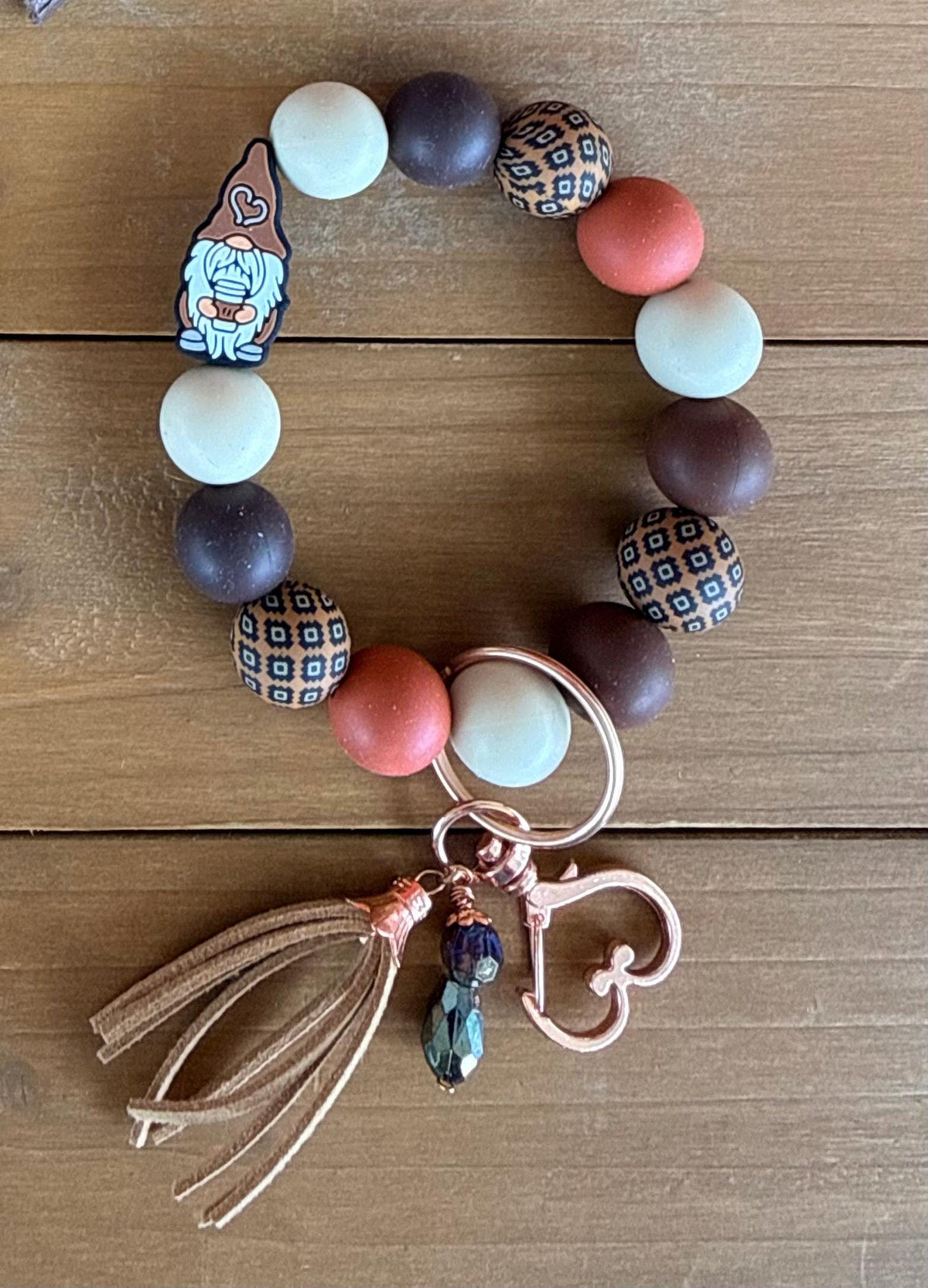 Coffee Gnome Silicone Beaded Keychain & Wristlet with Leather Tassel