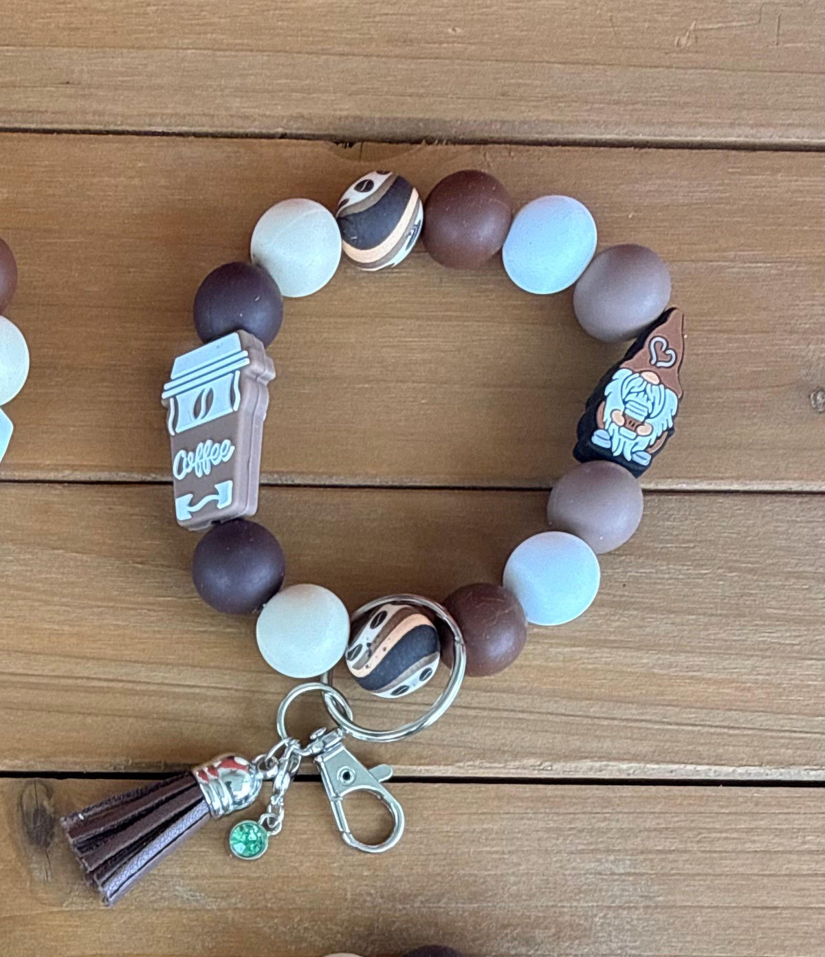Coffee Gnome Silicone Beaded Keychain & Wristlet with Leather Tassel