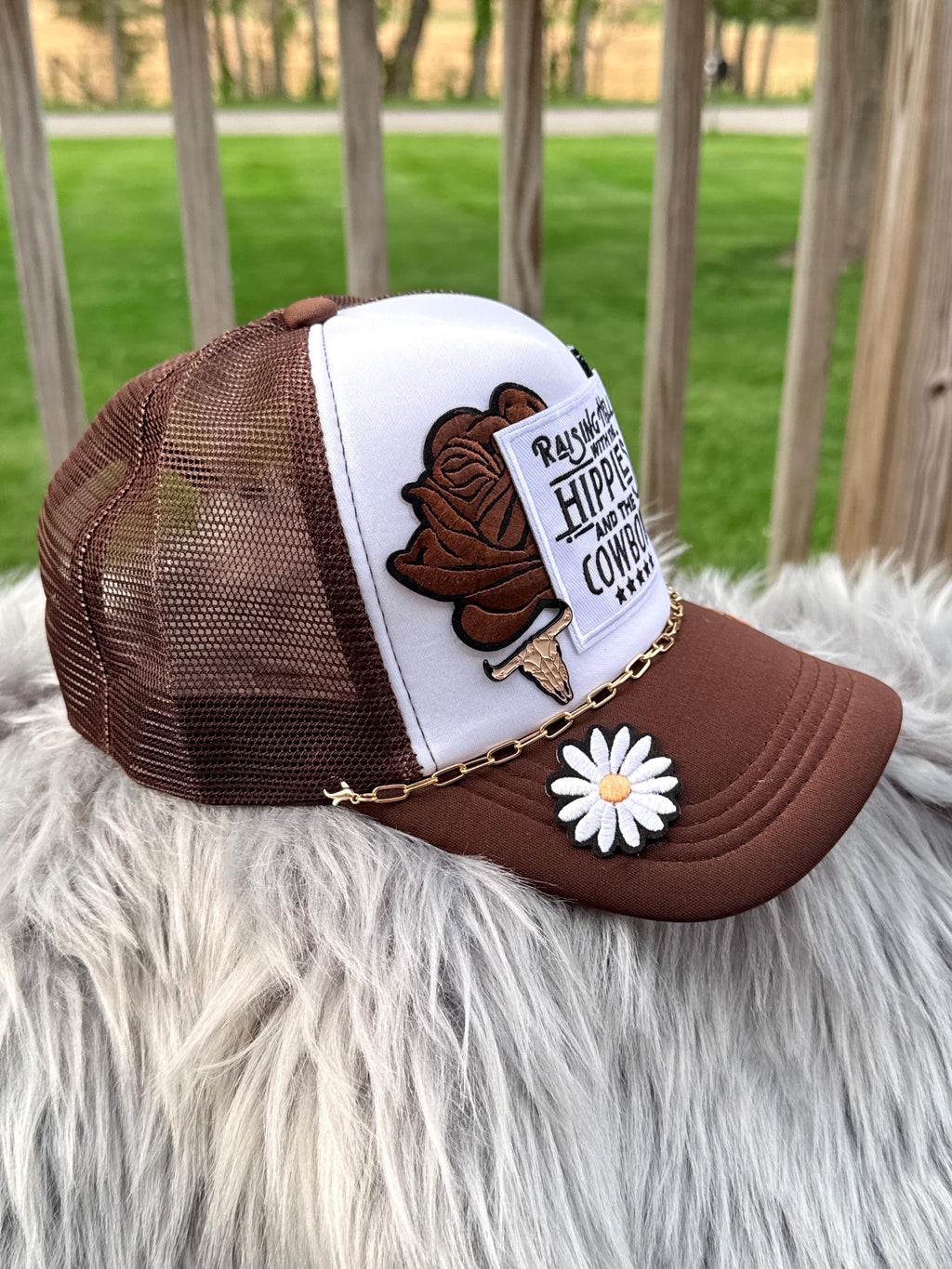 Brown Western Trucker Hat | Silver Hat Chain & Iron-On Patches | Cowgirl & Hippie Country Style
