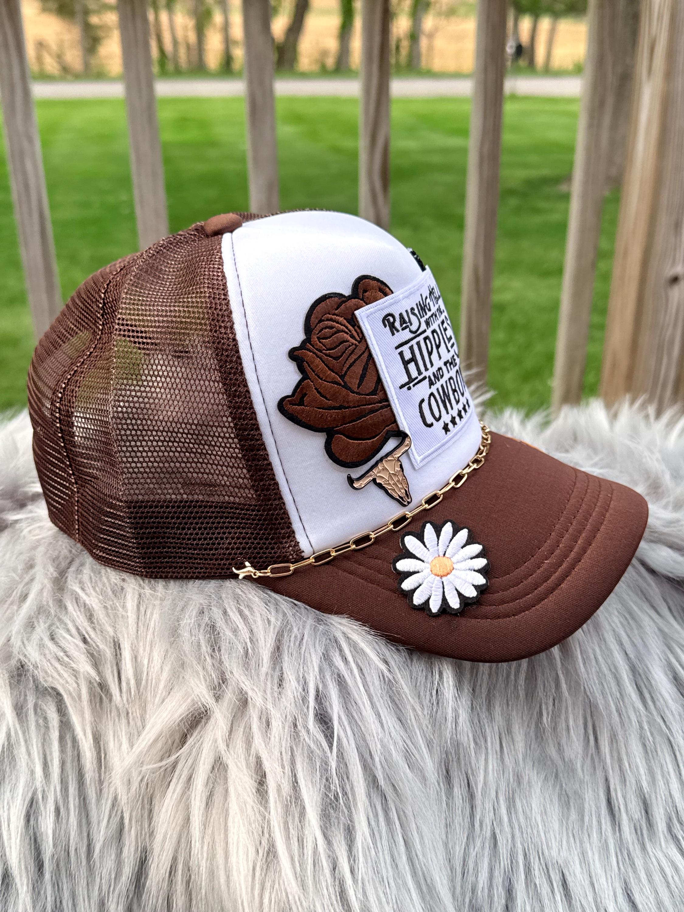 Brown Western Trucker Hat | Silver Hat Chain & Iron-On Patches | Cowgirl & Hippie Country Style
