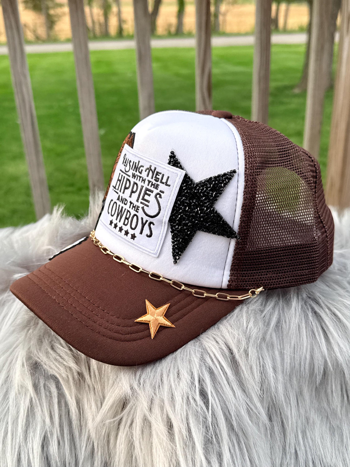 Brown Western Trucker Hat | Silver Hat Chain & Iron-On Patches | Cowgirl & Hippie Country Style