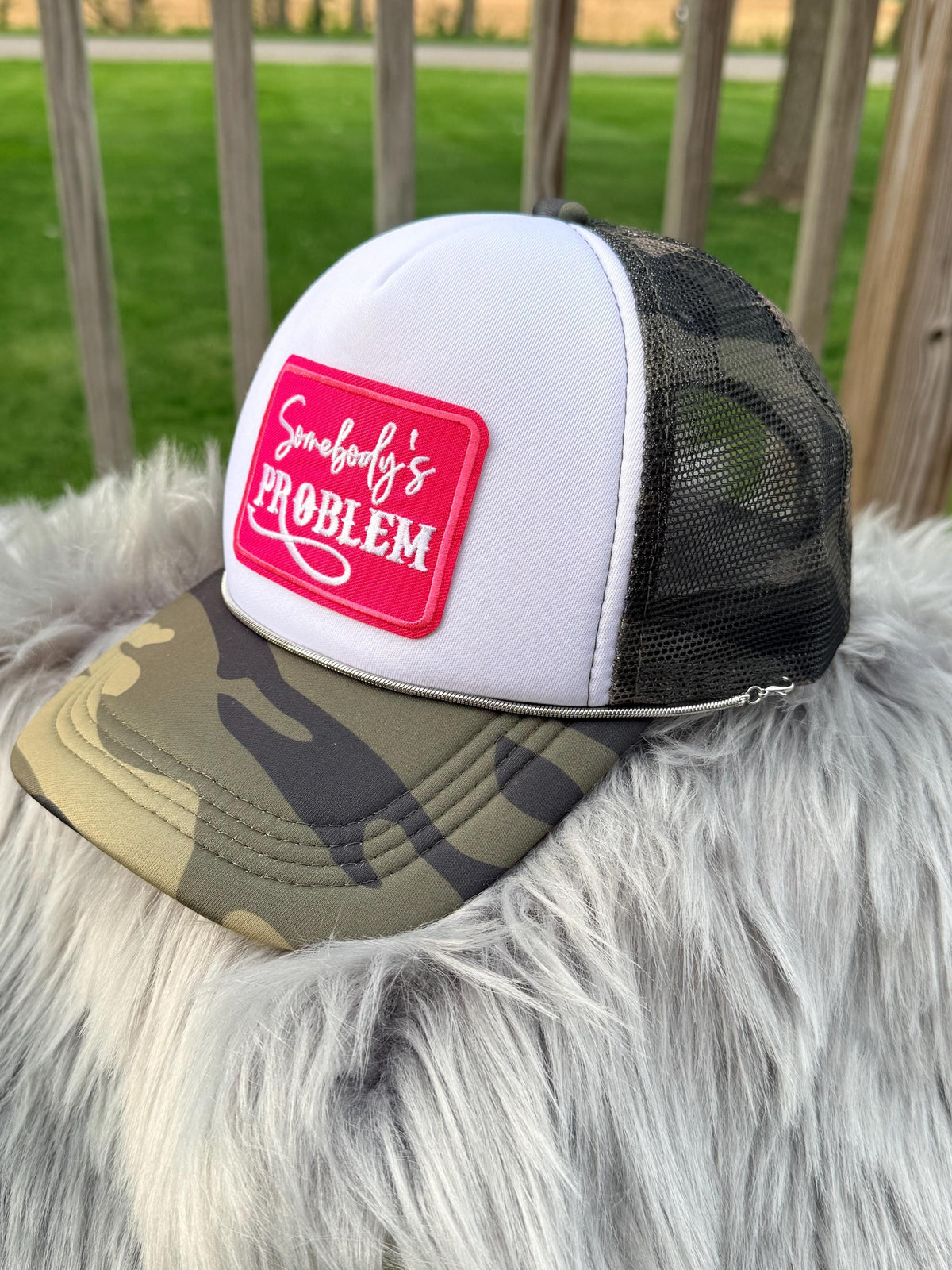 Camo Western Trucker Hat | Silver Hat Chain & Iron-On Patches | Country Cowgirl Cap