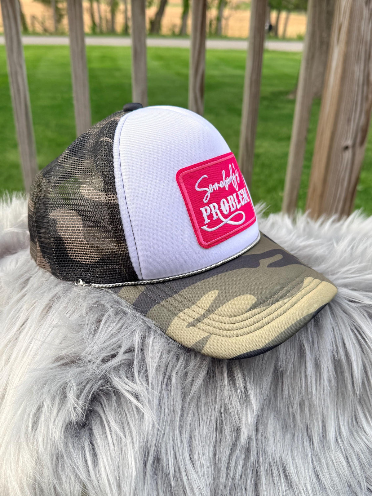 Camo Western Trucker Hat | Silver Hat Chain & Iron-On Patches | Country Cowgirl Cap
