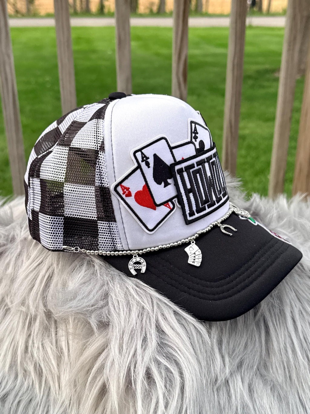 Howdy Gambling Theme Black Trucker Hat | Poker, Dice & 8-Ball Iron-On Patch Cowgirl Cap