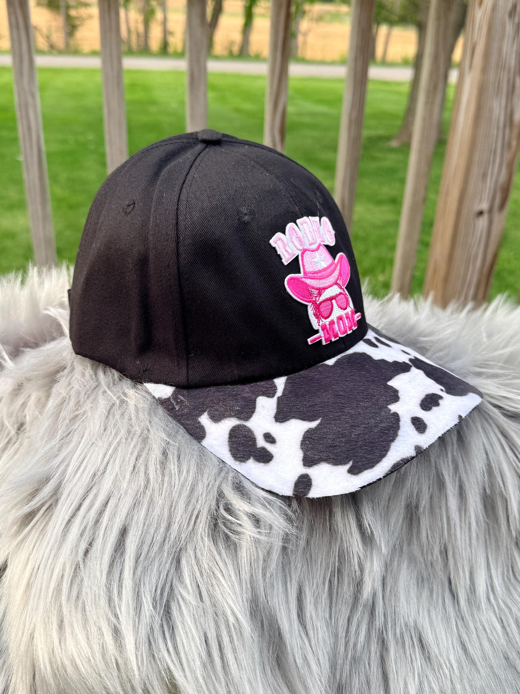 Black Western Trucker Hat | Rodeo Mom Patch & Cow Print Bill | Western Cowgirl Mom Hat