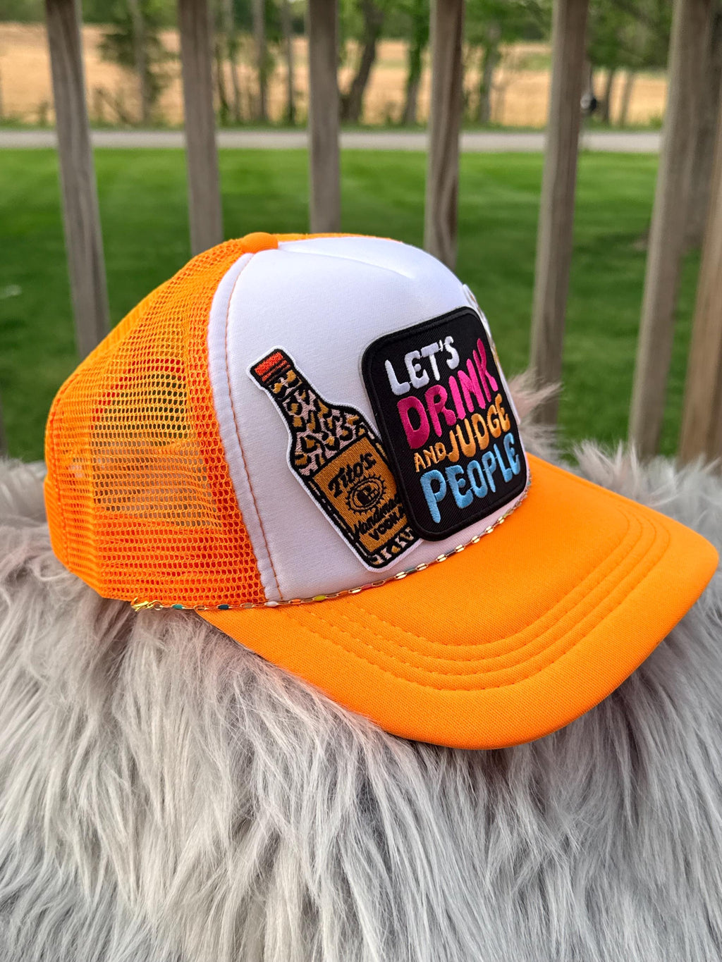 Let's Drink & Judge People Orange Trucker Hat | Funny Summer Drinking Hat with Hat Chain