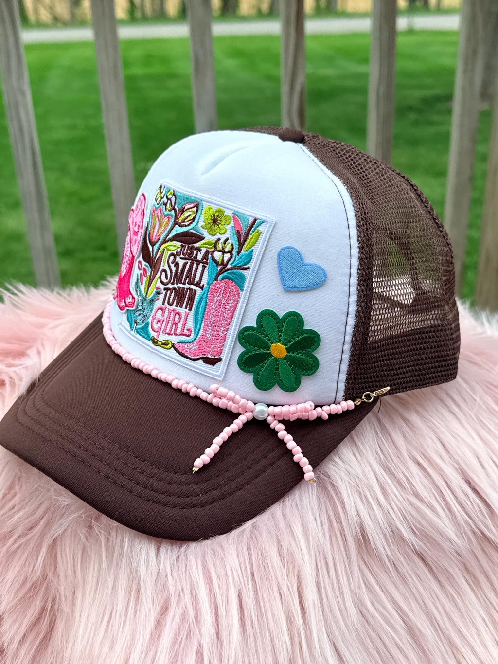Brown Western Trucker Hat | Pink Beaded Bow Hat Chain & Cowboy Boot Patch | Small Town Cowgirl Style