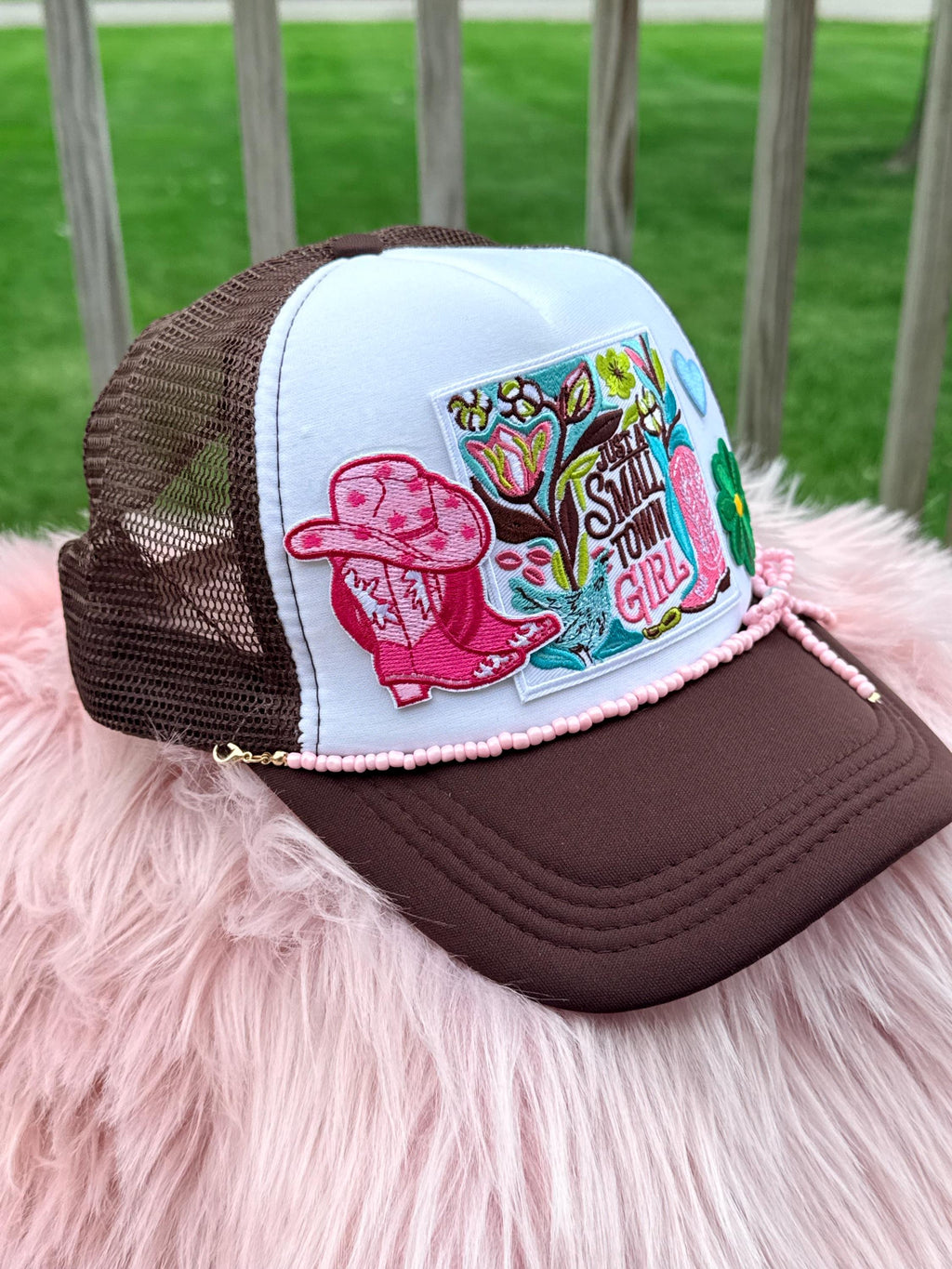 Brown Western Trucker Hat | Pink Beaded Bow Hat Chain & Cowboy Boot Patch | Small Town Cowgirl Style