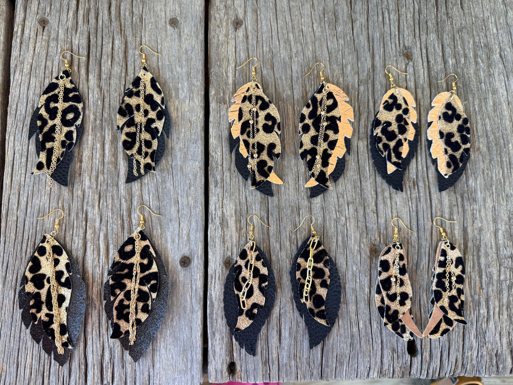 Black & Gold Leopard Print Faux Leather Dangle Earrings | Handmade Western Boho Statement Earrings with Chain Accents