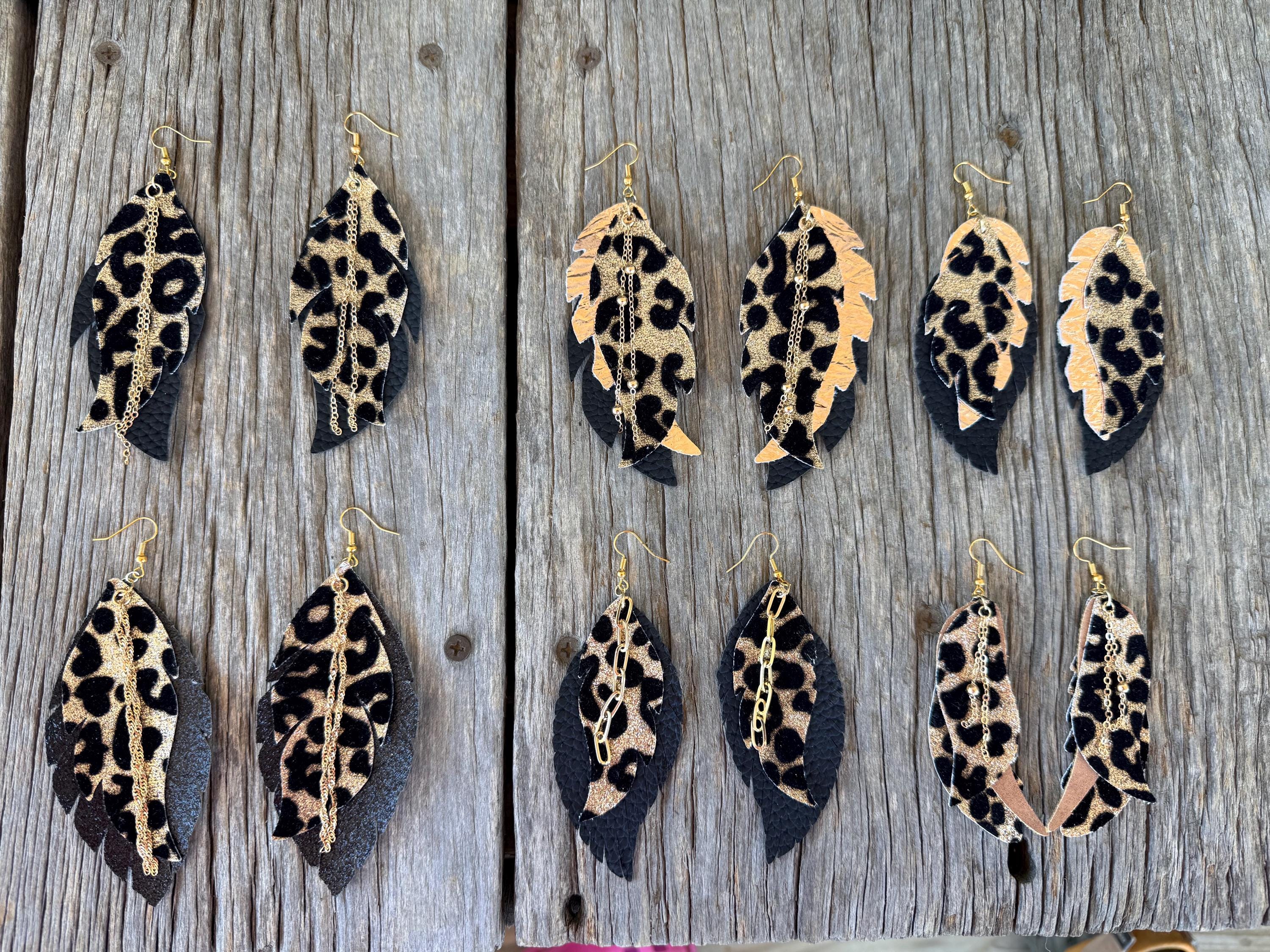 Black & Gold Leopard Print Faux Leather Dangle Earrings | Handmade Western Boho Statement Earrings with Chain Accents