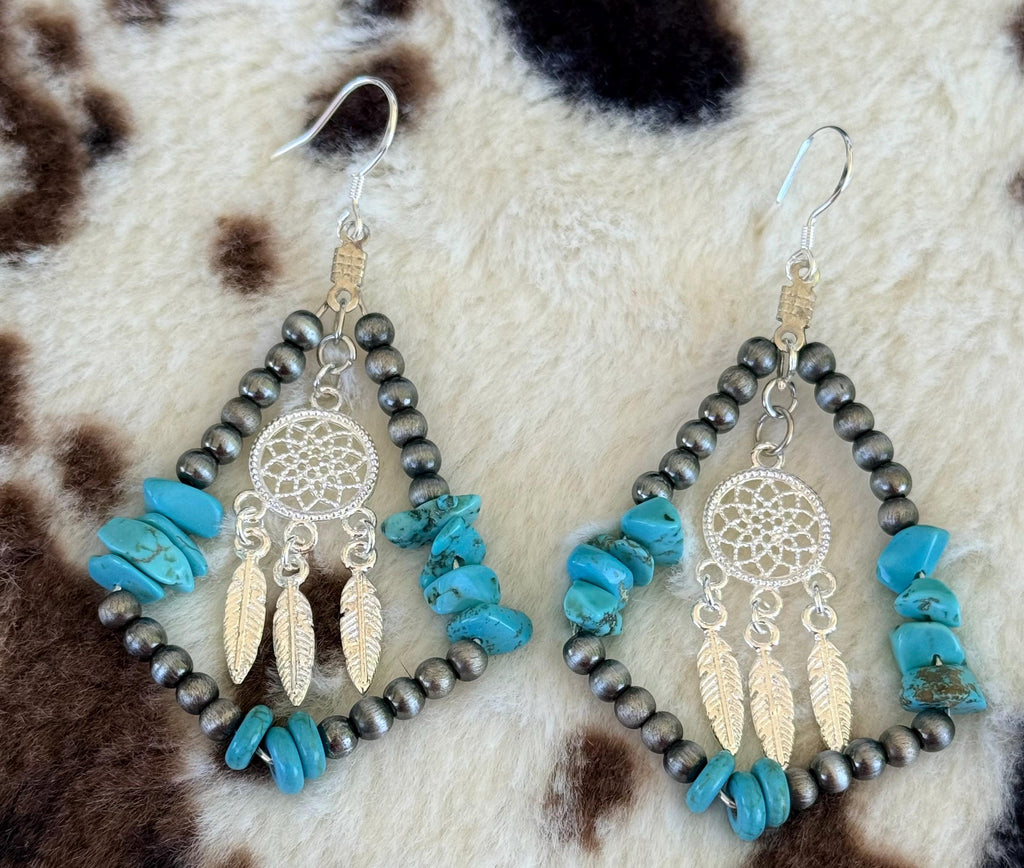 Western Boho Turquoise Wire Beaded Chip Stone Dangle Earrings | Dreamcatcher & Turquoise Charm