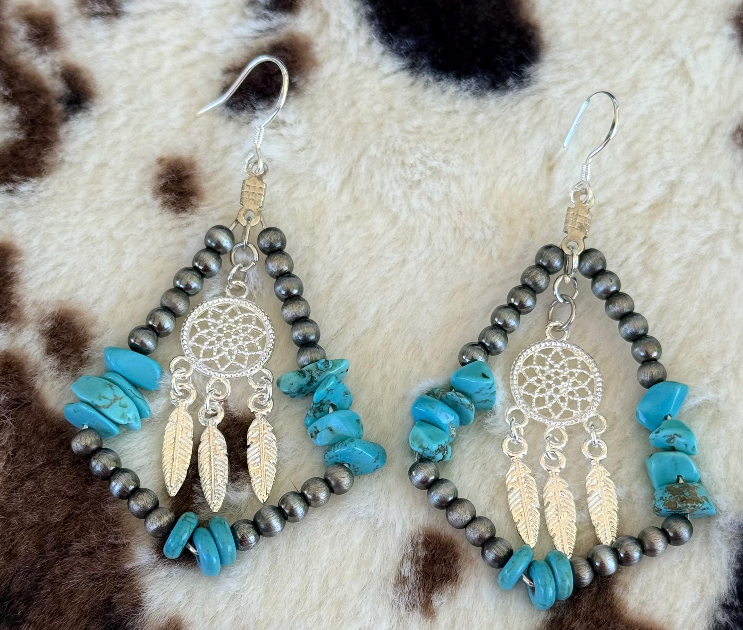Western Boho Turquoise Wire Beaded Chip Stone Dangle Earrings | Dreamcatcher & Turquoise Charm
