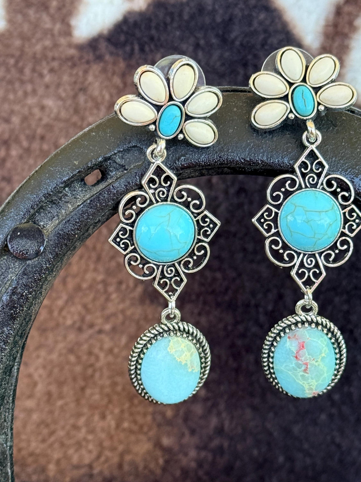 Western Boho Turquoise Concho Dangle Earrings | Cowgirl Statement Jewelry