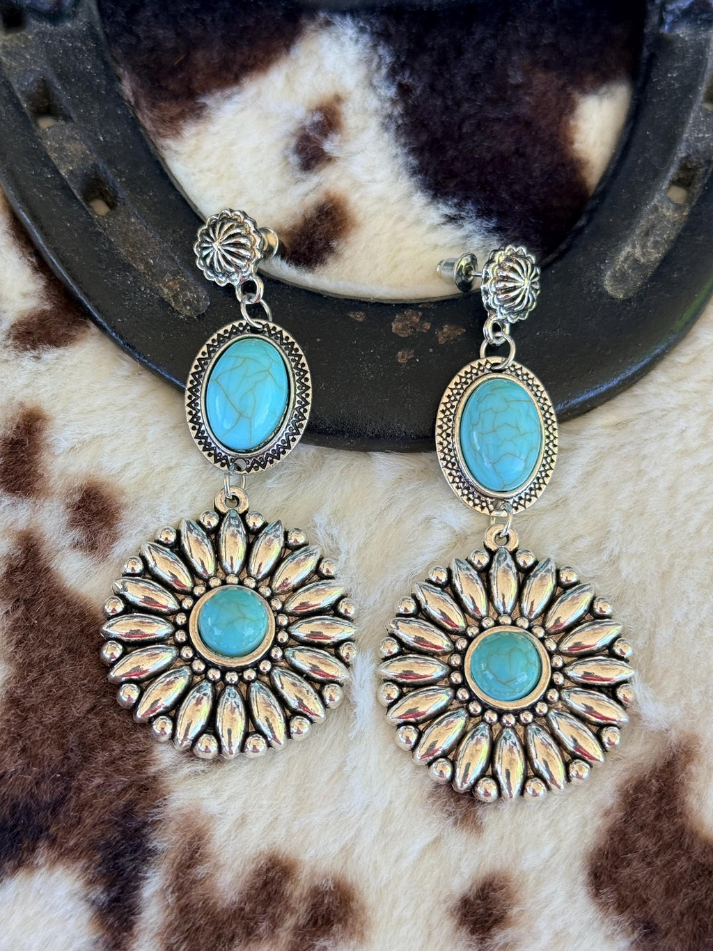 Western Boho Turquoise Concho Dangle Earrings | Cowgirl Statement Jewelry