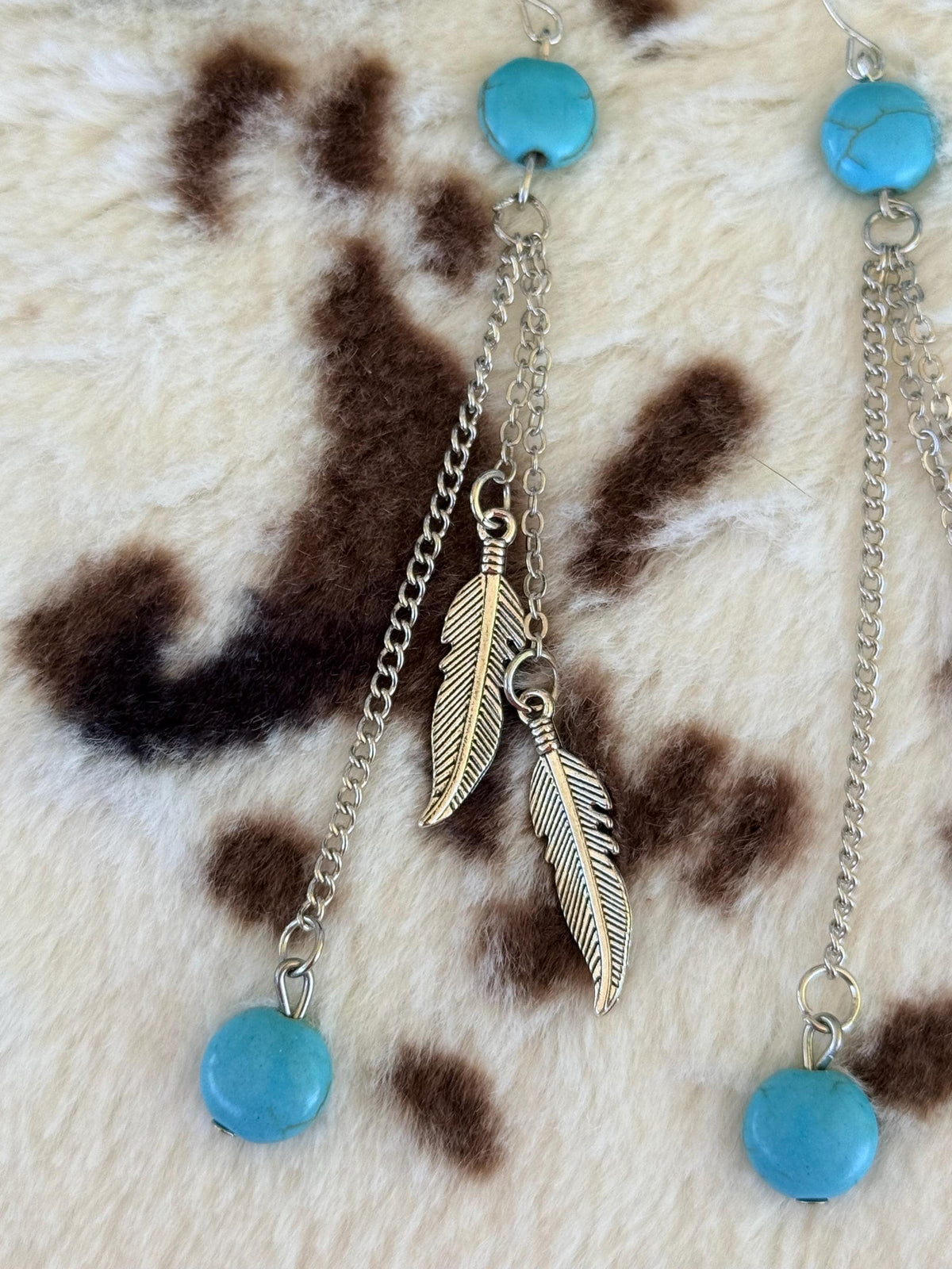 Turquoise & Silver Feather Charm Dangle Earrings | Long Chain Western Boho Cowgirl Jewelry